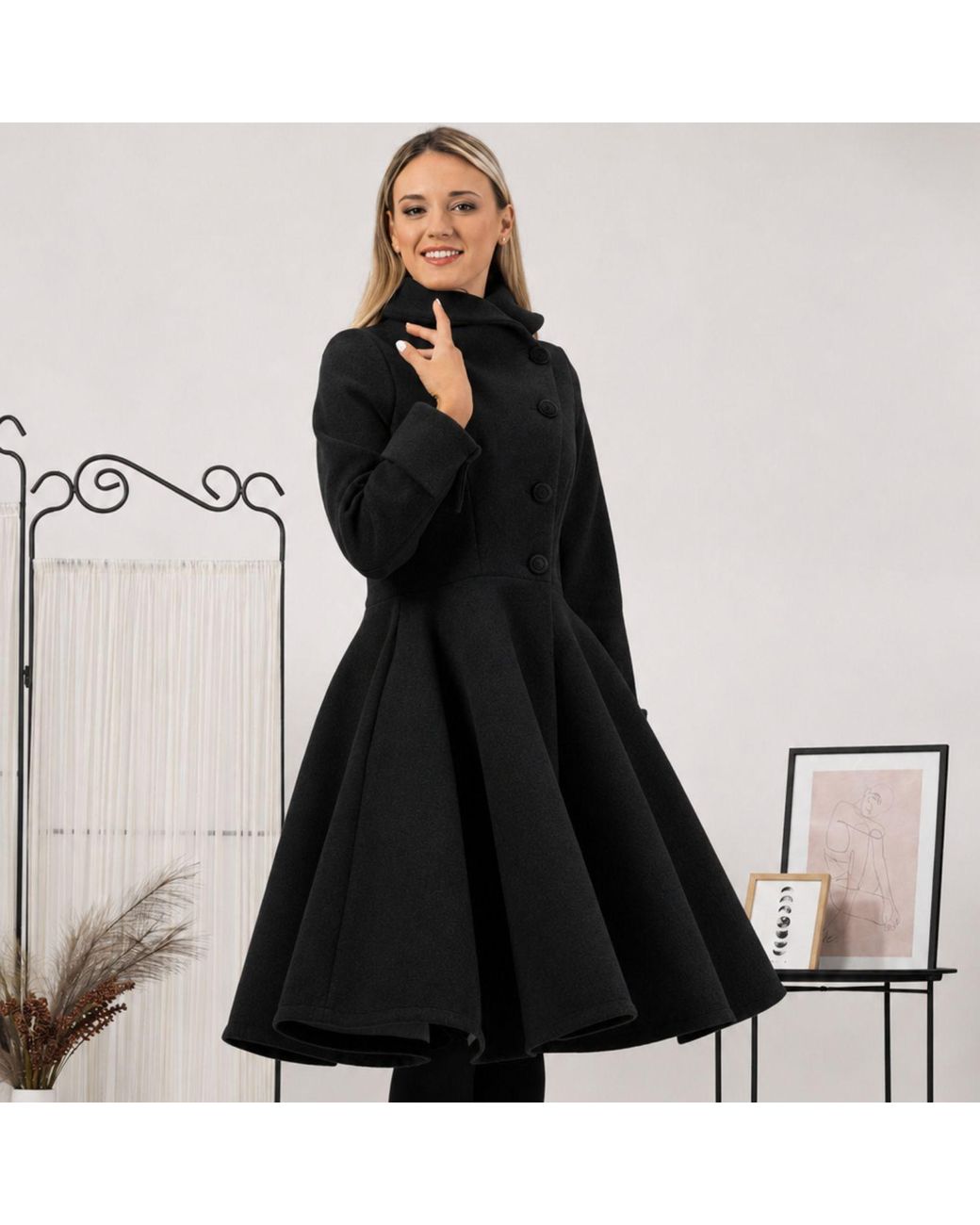 Nikka Place Black A-Line Woolen Coat With Pockets