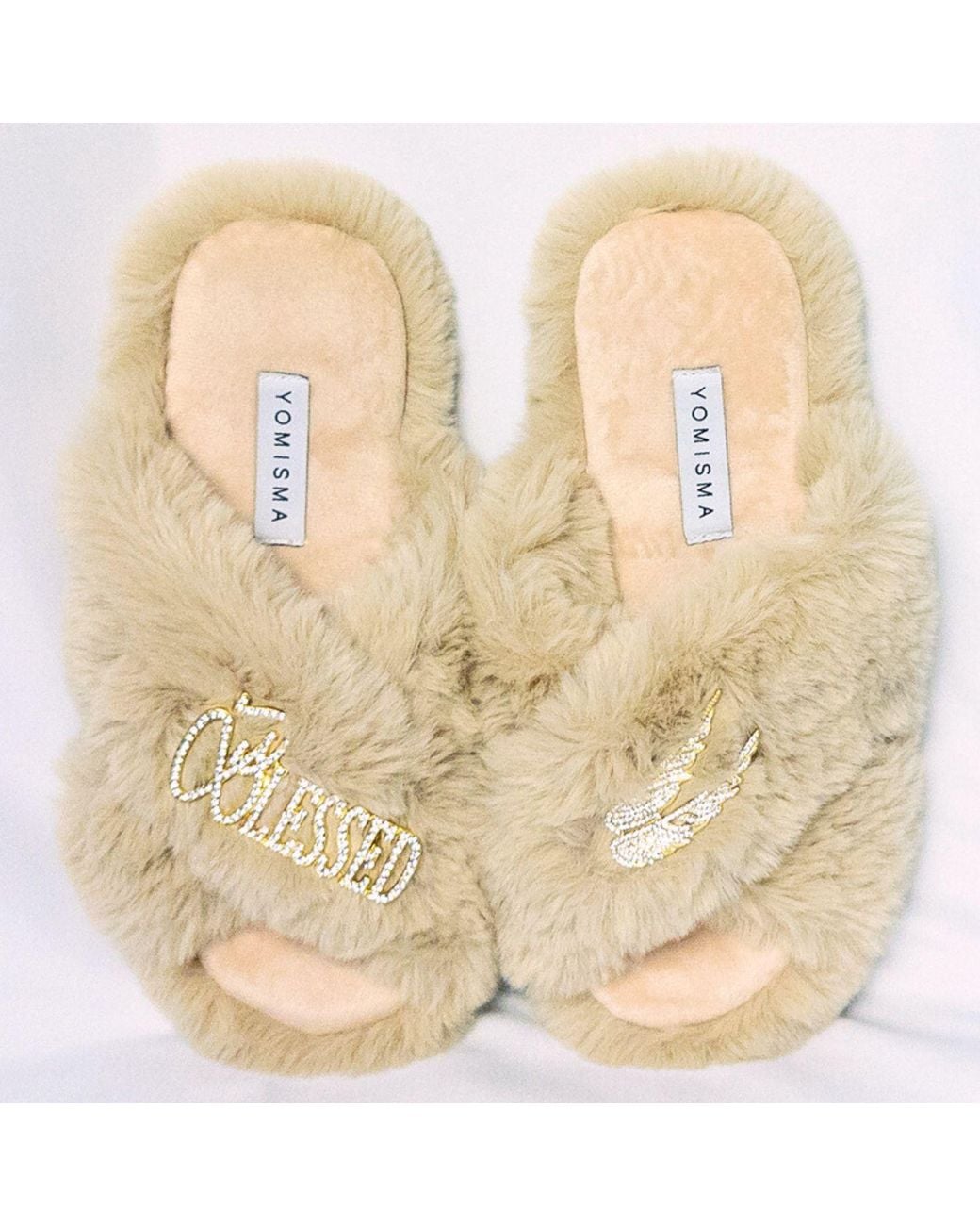 Yomisma Natural Neutrals Eco Faux Fur Slippers With Blessed & Angel Wing Brooches