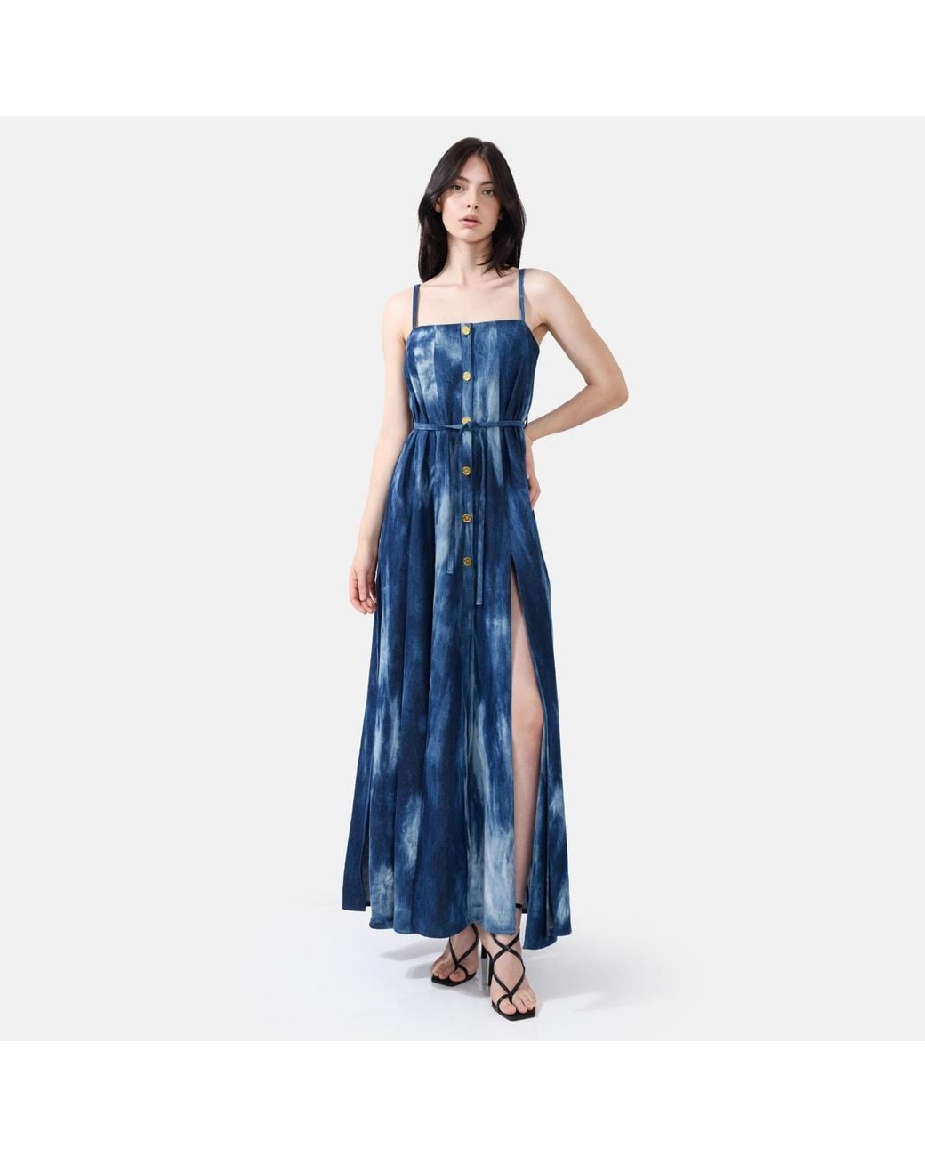 Kargede Blue Designer Denim Maxi Dress – Sleeveless Dyed Jean Dress