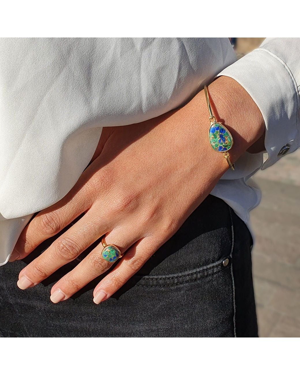 Harfi Multicolor Azurite And Malachite Unique Gemstone Crystal Stacking Ring