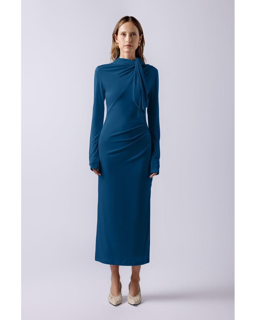 Lendrop Studios Blue Yuna Tie Neck Midi Dress
