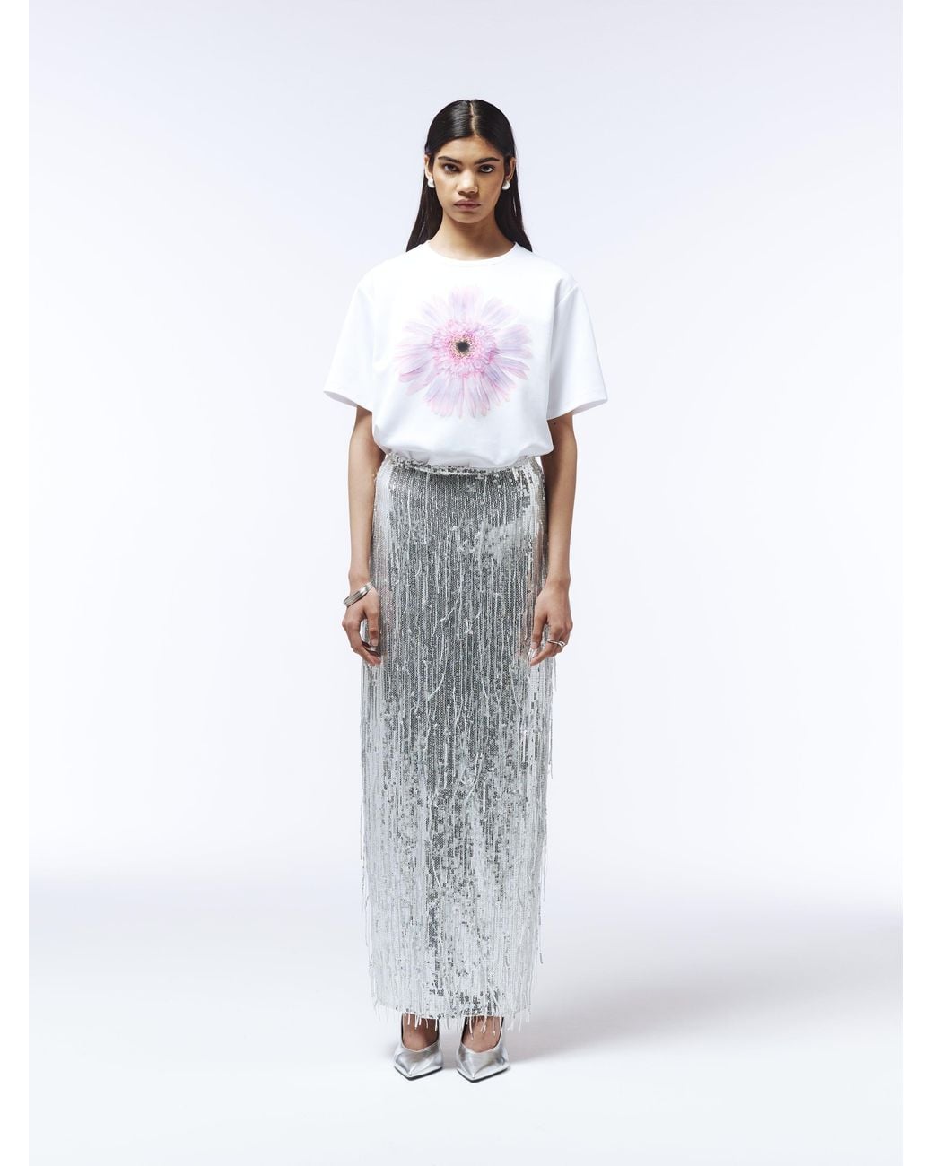Sour Figs Gray Fringed Sequin Maxi Skirt