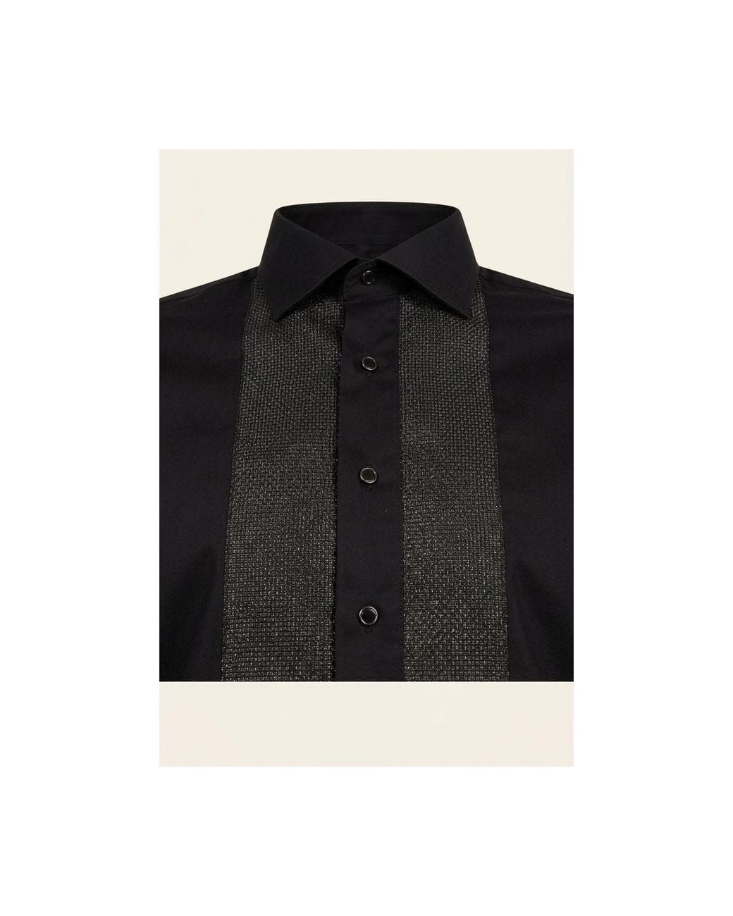 Ron Tomson Black Lurex Paneled Spread Collar Tux Shirt for men