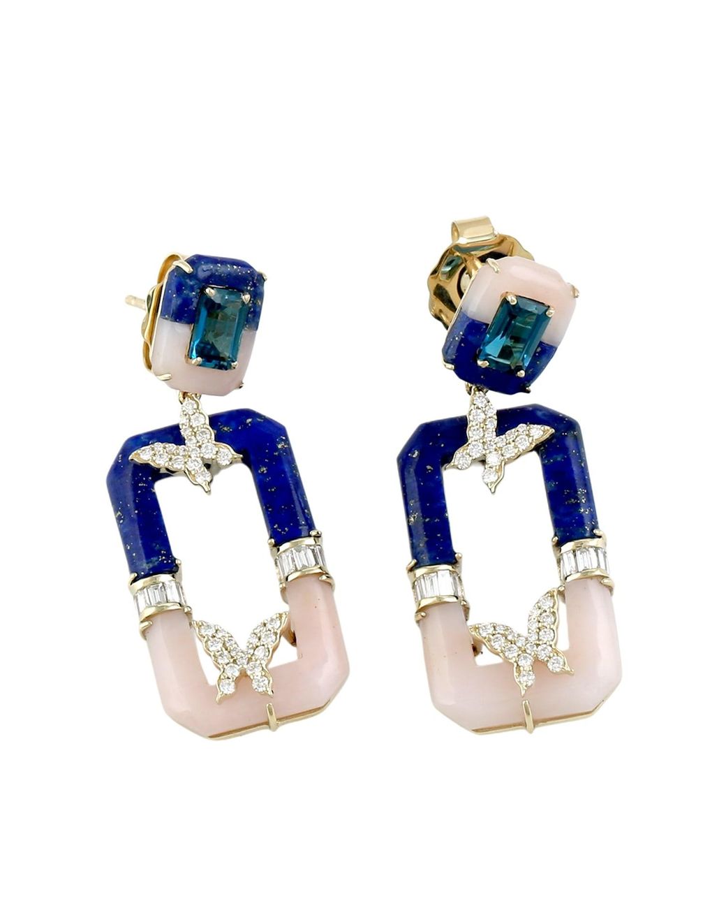 Artisan Blue 14K Lapis, Opal, Diamond & London Topaz Butterfly Earrings