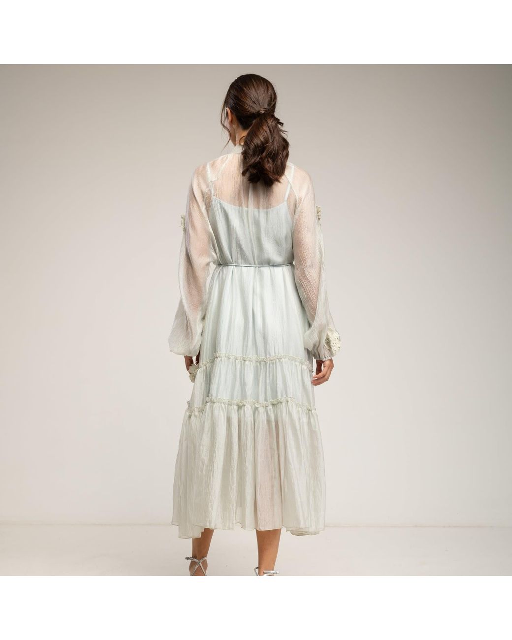Tantra Spain Sl Natural Semi-Transparent Dress With Buttons, Floral Details, And Ruffles. Belt And Lining Sold Separately