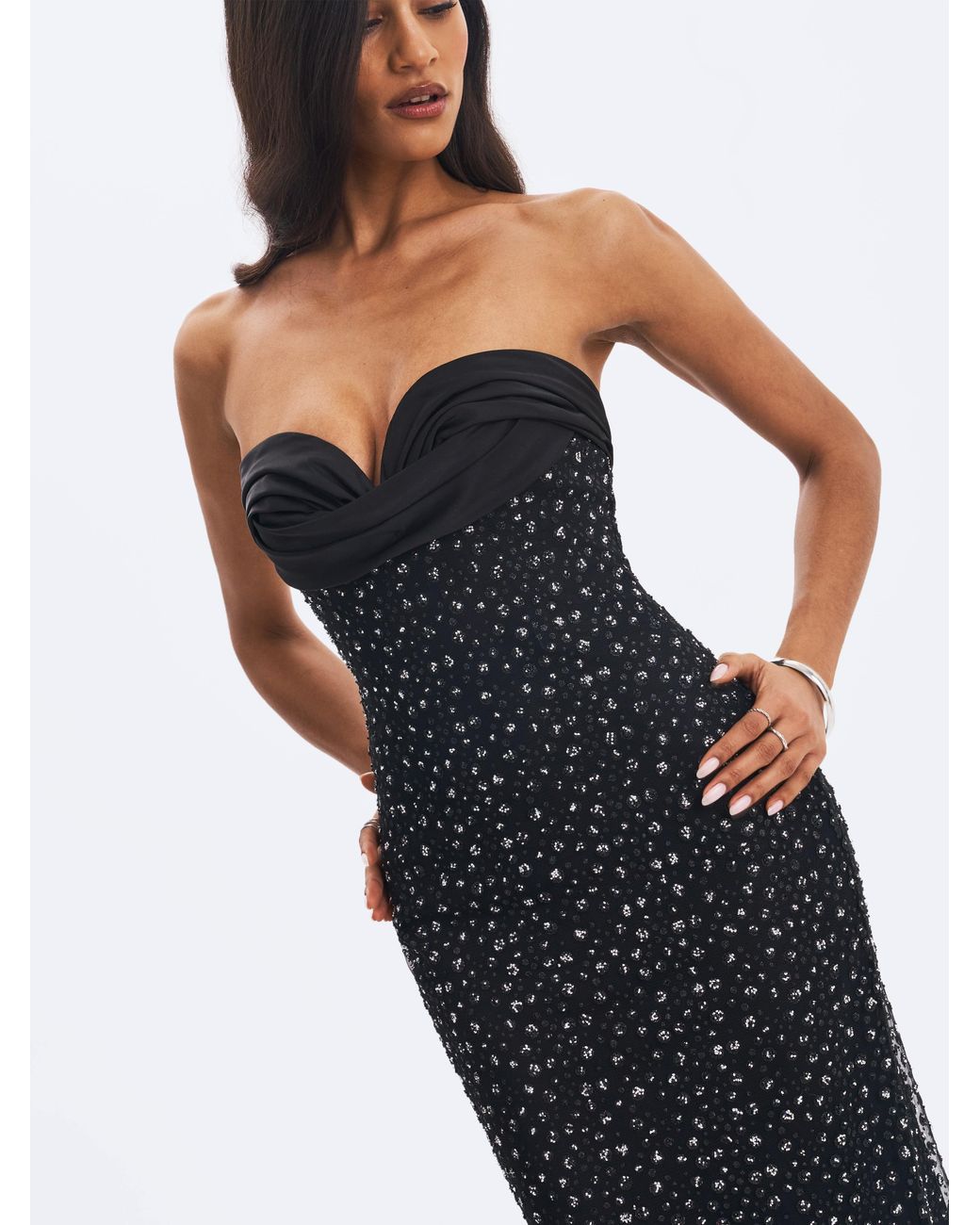 Miss Circle New York Black Preslie Satin & Crystal Mesh Sheath Maxi Dress