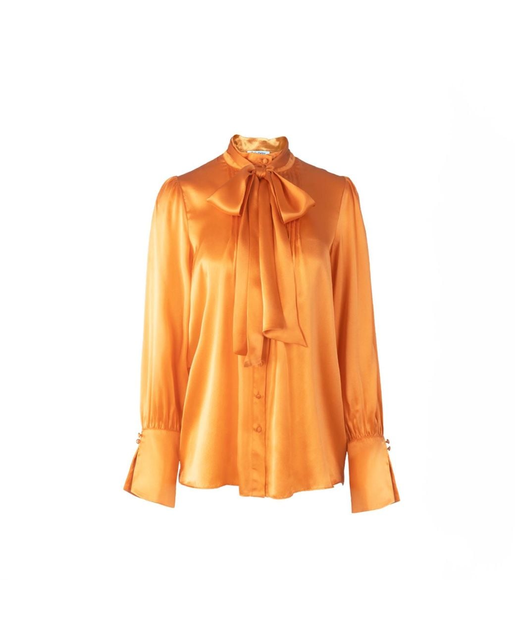 Solgo Atelier Orange Phaius Long Puff Sleeve Silk Charmeuse Blouse With Pintuck Details And Removable Bowtie