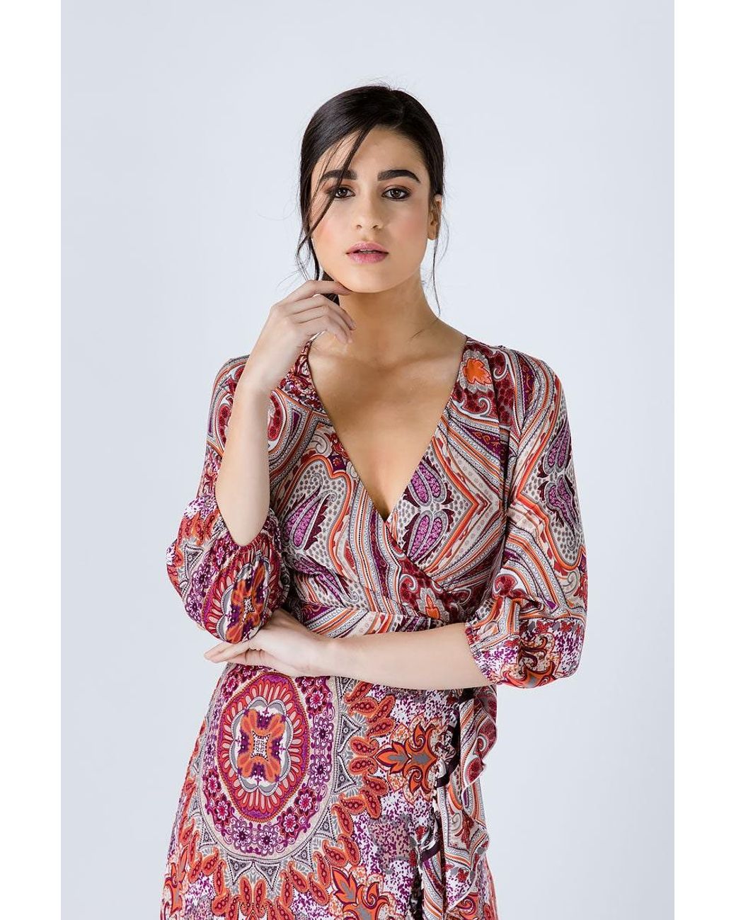 Conquista Red Print Maxi Wrap Dress