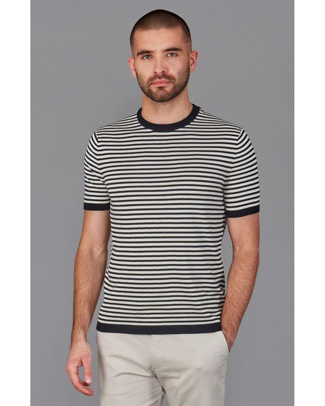 Paul James Knitwear Black Ultra Fine Cotton Antonio Knitted Narrow Breton Stripe T-Shirt for men