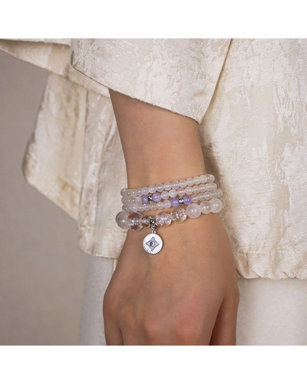 Aurozia White Five Elements Metal Vermeil Color Healing Moonstone Aura Pendant Three Layered Crystal Bracelet & Necklace