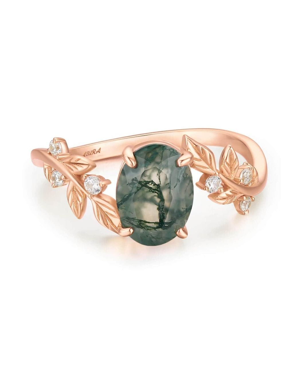 Azura Jewelry New York Metallic Between The Leaf Oval Moss Agate Ring Solid