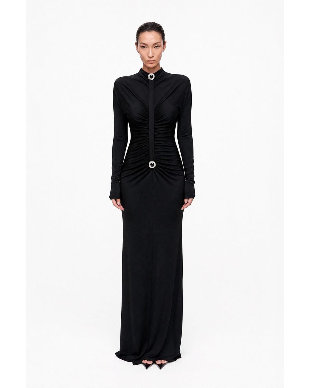 Nocturne Black Stone Detail Draped Maxi Dress