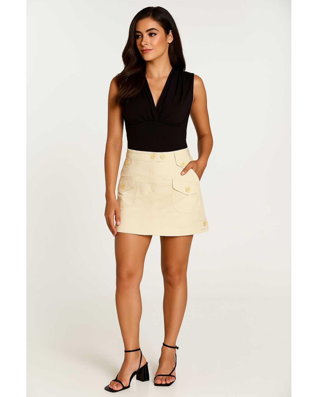 Conquista Natural Neutrals Cotton-Elastane Gabardine Utility Skirt
