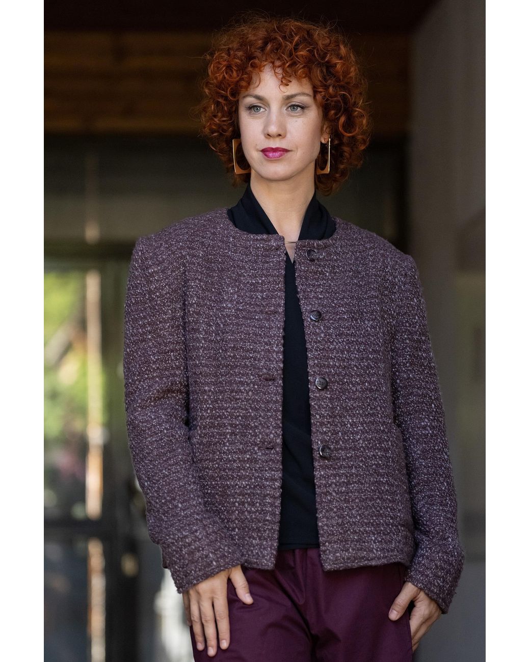 Stovaria Purple Handwoven Textured Wool Winter Jacket