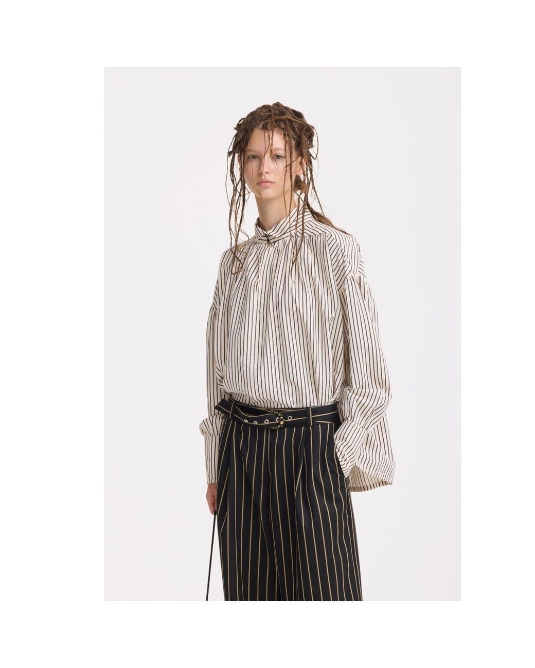 Julia Allert White Neutrals Striped Oversized Long Sleeve Blouse – Ivory