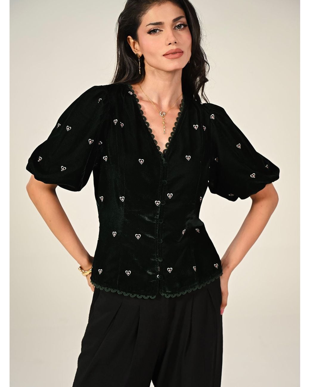 Rose & Nancy Black Illy Embroidered Heart Velvet Top