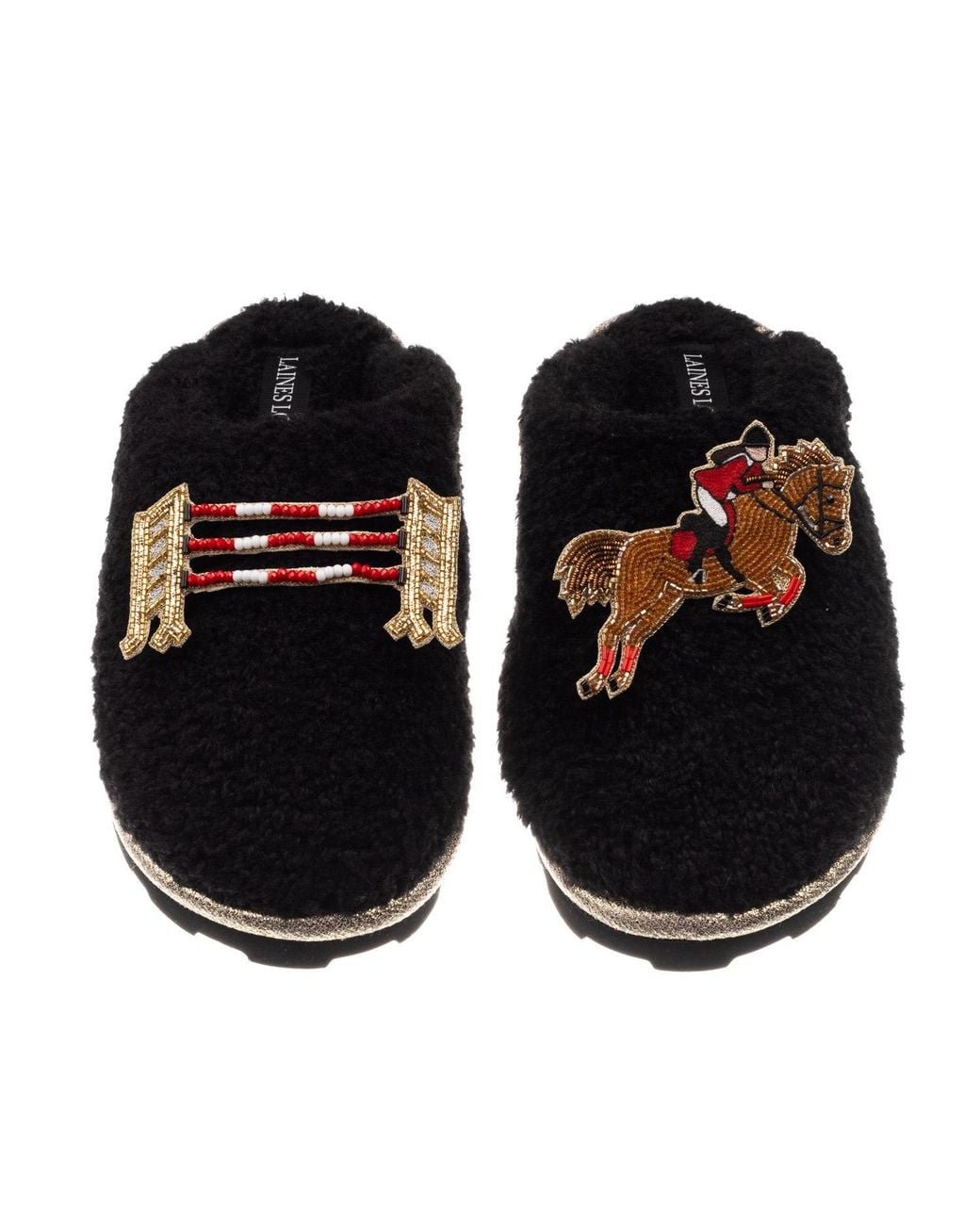 Laines London Black Teddy Closed Toe Slippers With Show Jump Horse Brooches