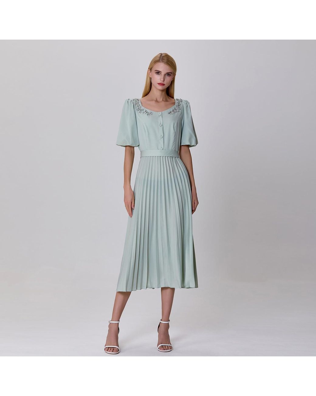 Smart and Joy Green Neutrals Pleats And Embroideries Blouse-Dress
