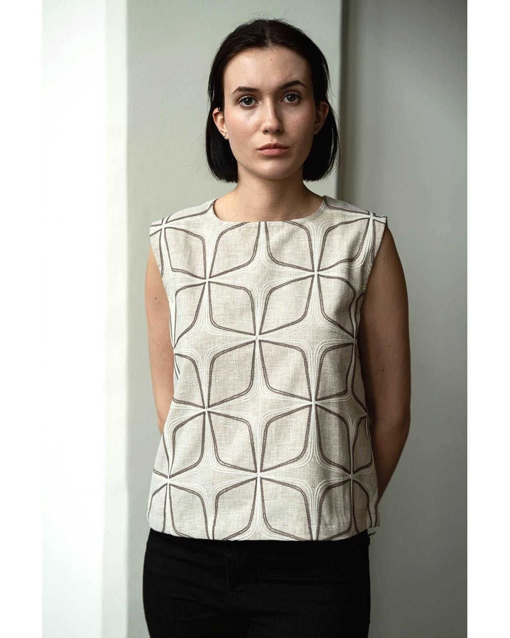 Stovaria Natural Neutrals Embroidered Linen Structured Sleeveless Statement Top
