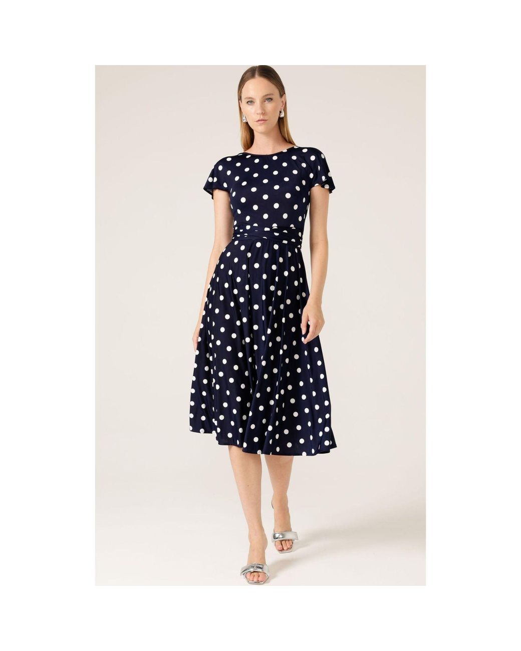 SACHA DRAKE Blue Reverse Polka Dot Wrap Midi Dress