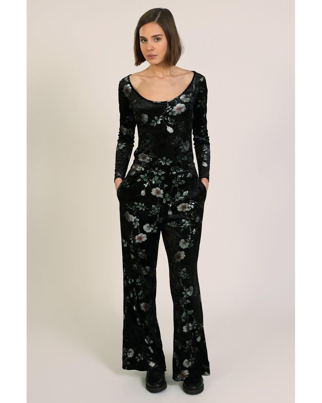 Traffic People Black Swan Song Metallic Velvet Floral Edith Wide Leg Trousers