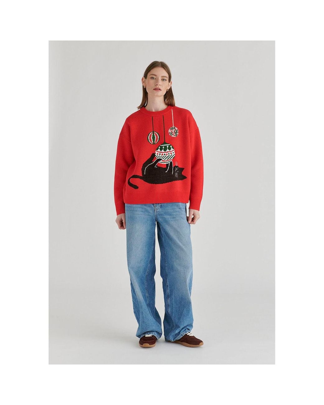 Paisie Red Christmas Jumper With Cat And Baubles