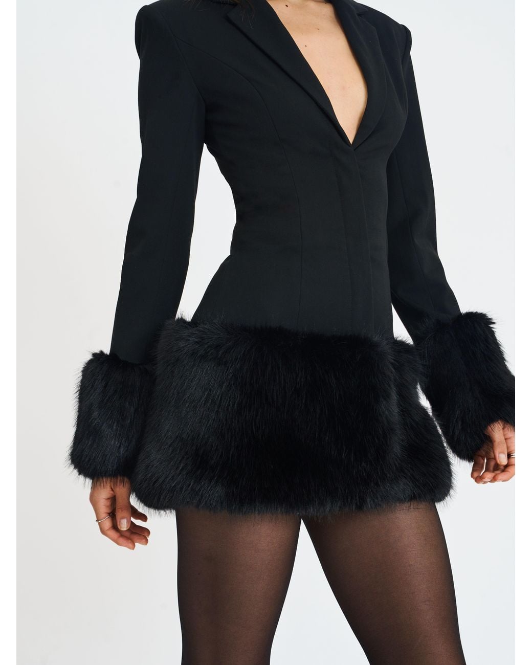 Miss Circle New York Blue Wenona Fur Trimmed V-Neck Mini Blazer Dress
