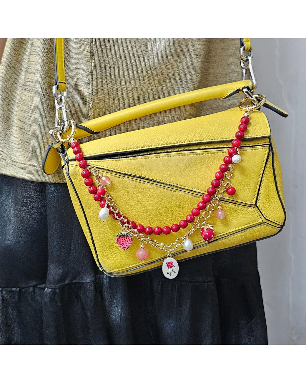 Farra Red Bamboo Coral With Strawberry And Rose Double Layers Chain Bag Charm