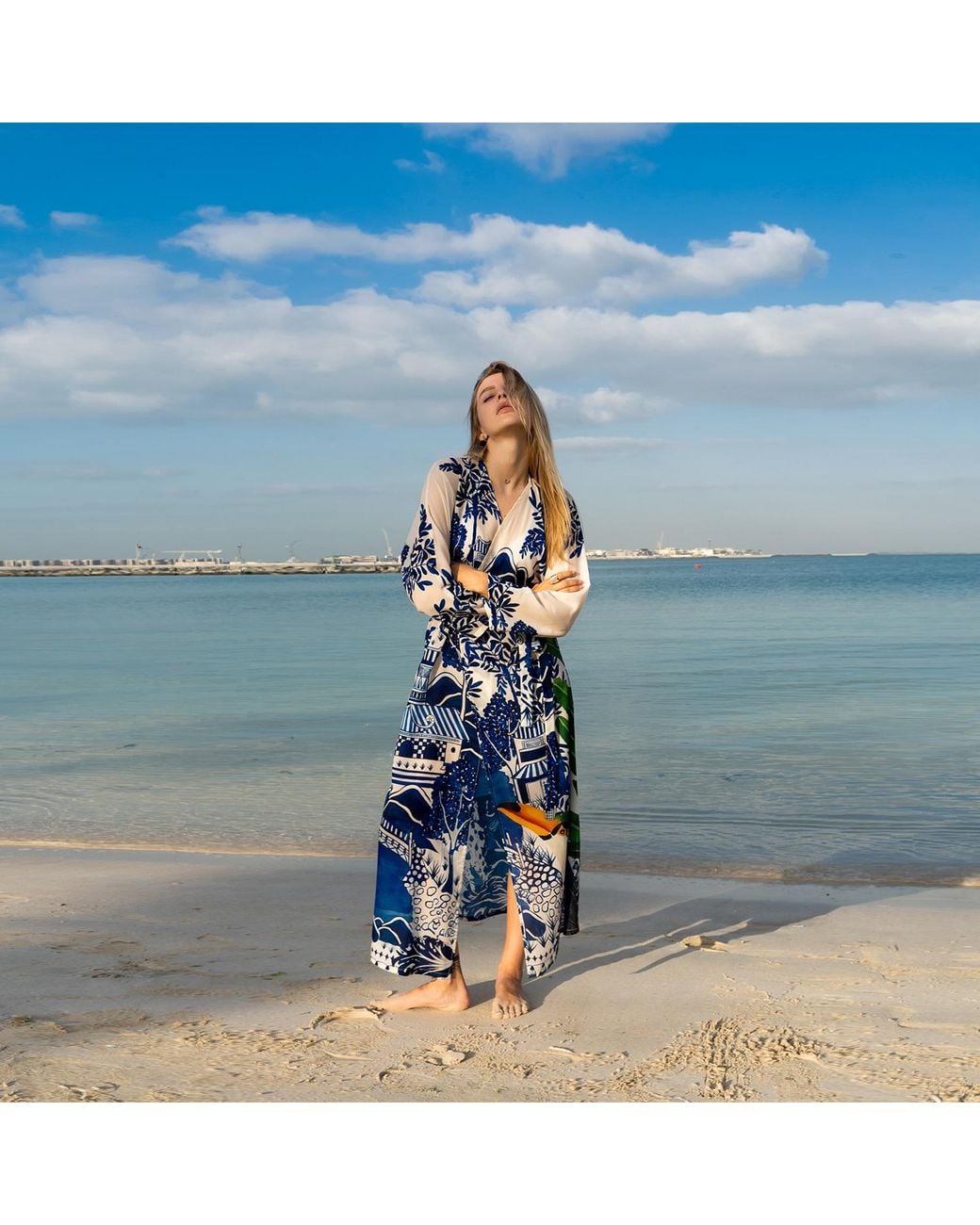 DHARA SHETH DUBAI Blue Harmony Bird Print Long Kimono