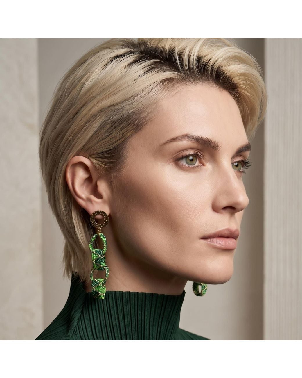 Iliana Arrazola Green Bold Chunky Link, Dangle Earrings, Glass Beads, Beaded Jewelry
