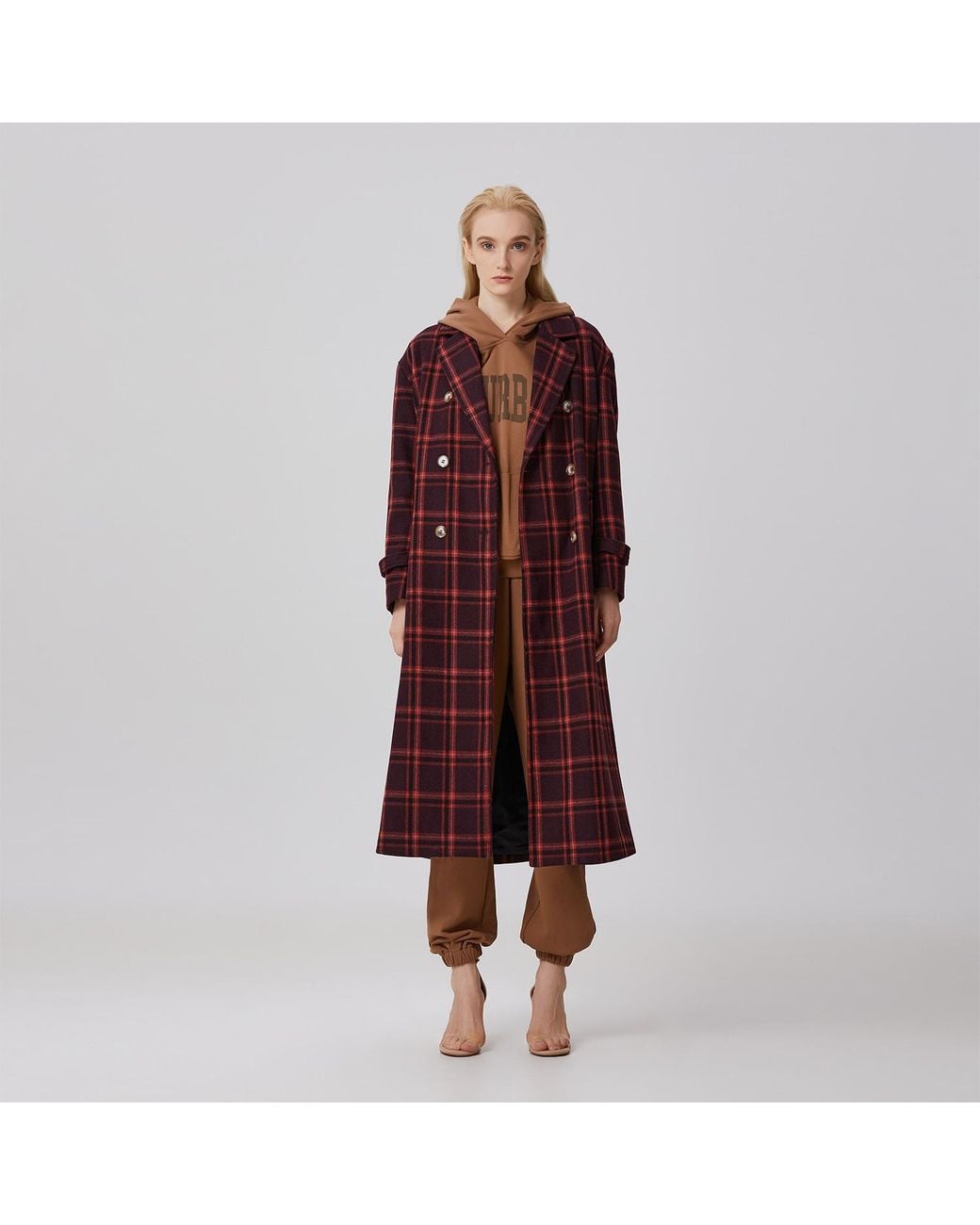 Smart and Joy Red Double Breasted Checks Coat
