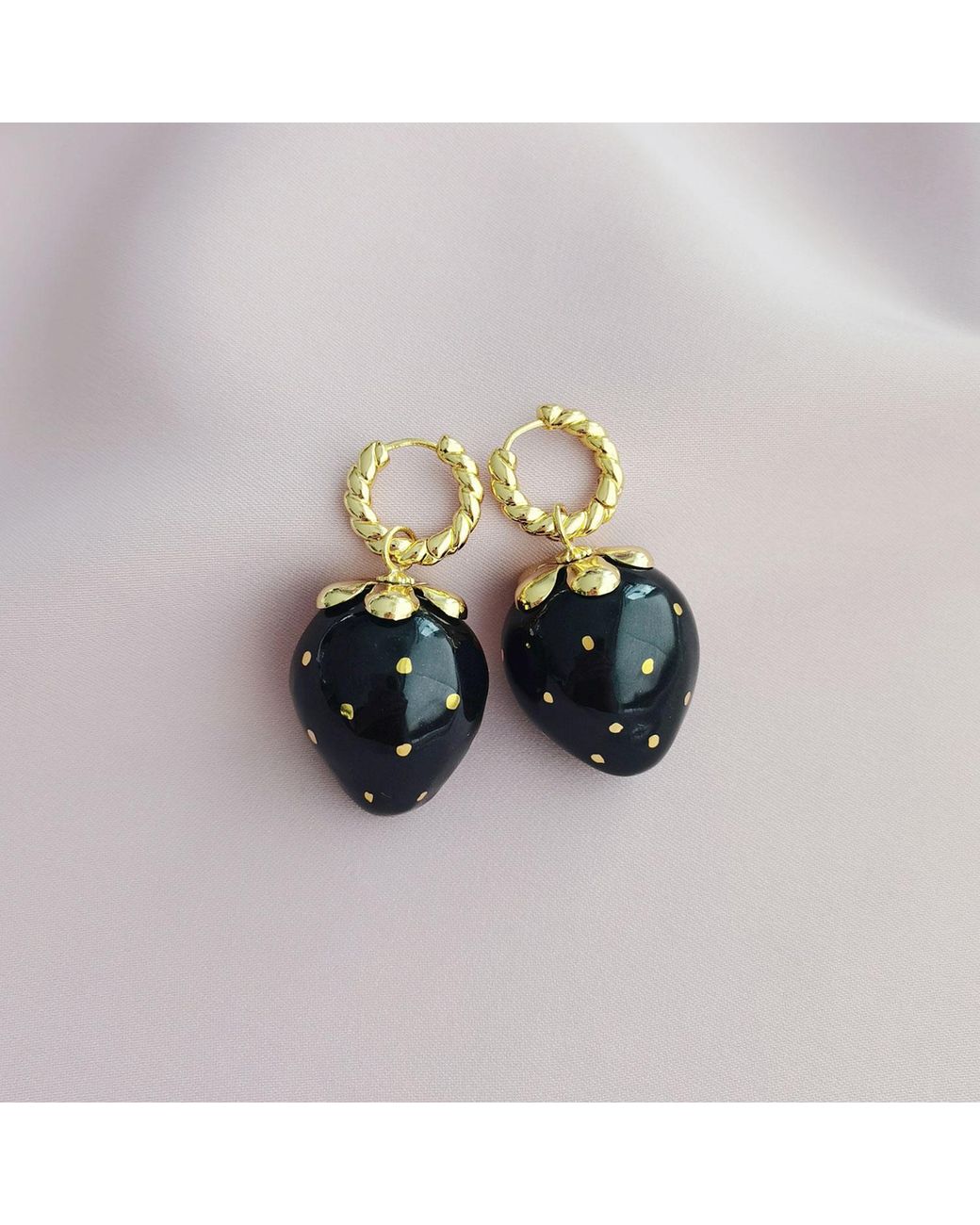 POPORCELAIN Golden Black Porcelain Strawberry Earrings
