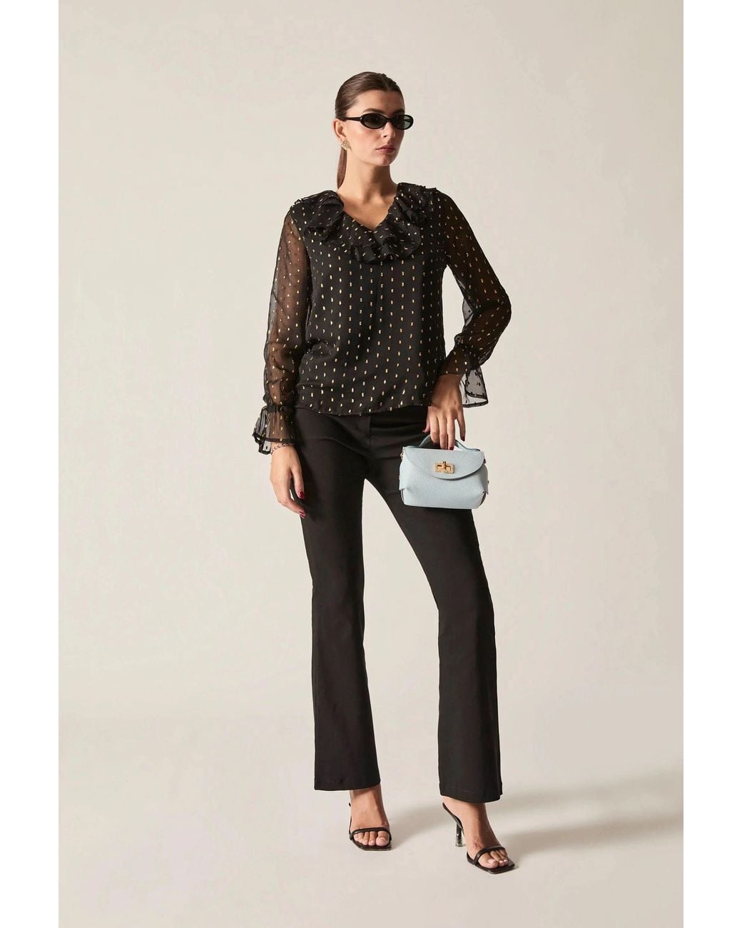 James Lakeland Black Metallic Ruffle Blouse