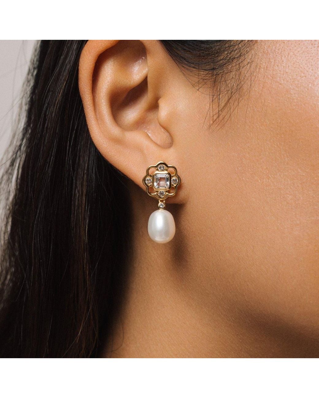 Lulu B London Metallic Topaz & Pearl Gemstone Flower Stud Drop Earrings