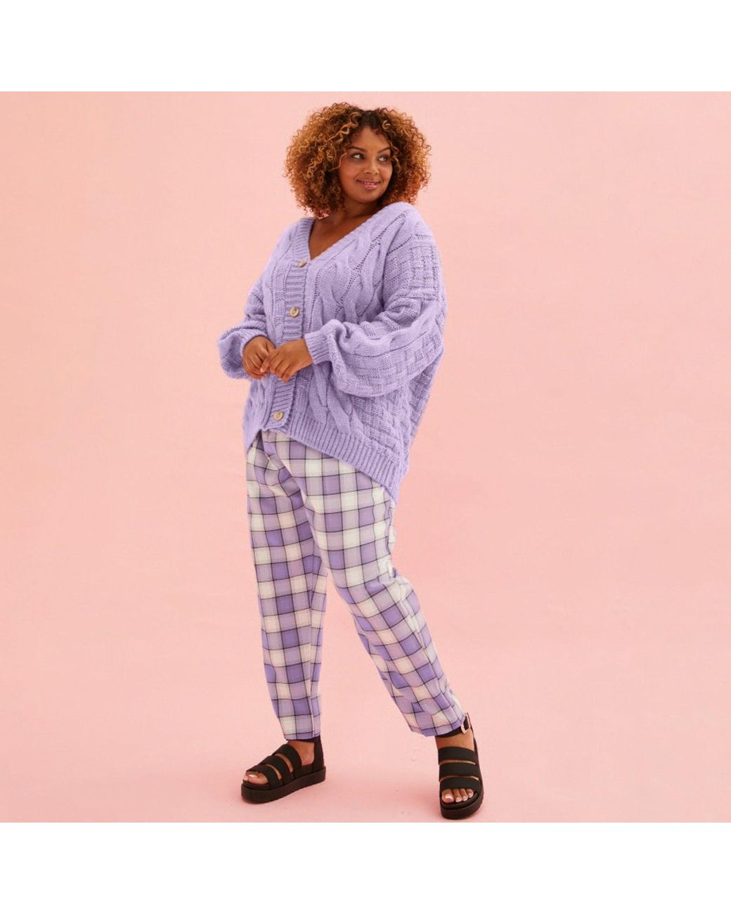 Cara & The Sky Purple Gemma Basket Stitch Balloon Sleeve Cardigan