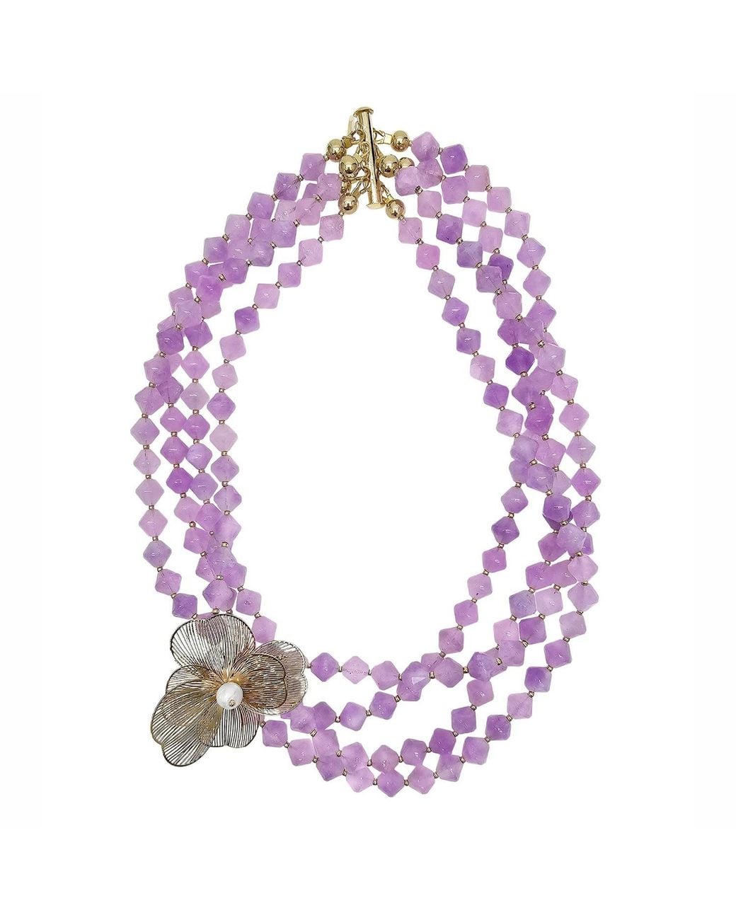 Farra Purple Multi-Layers Jade With Flower Charm Necklace