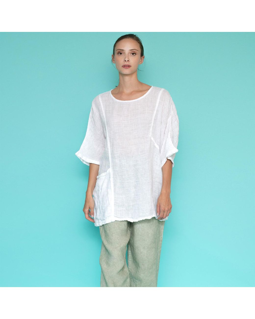 Haris Cotton Gray Front Pocket Curve Linen Gauze Blouse With Batwing Sleeve