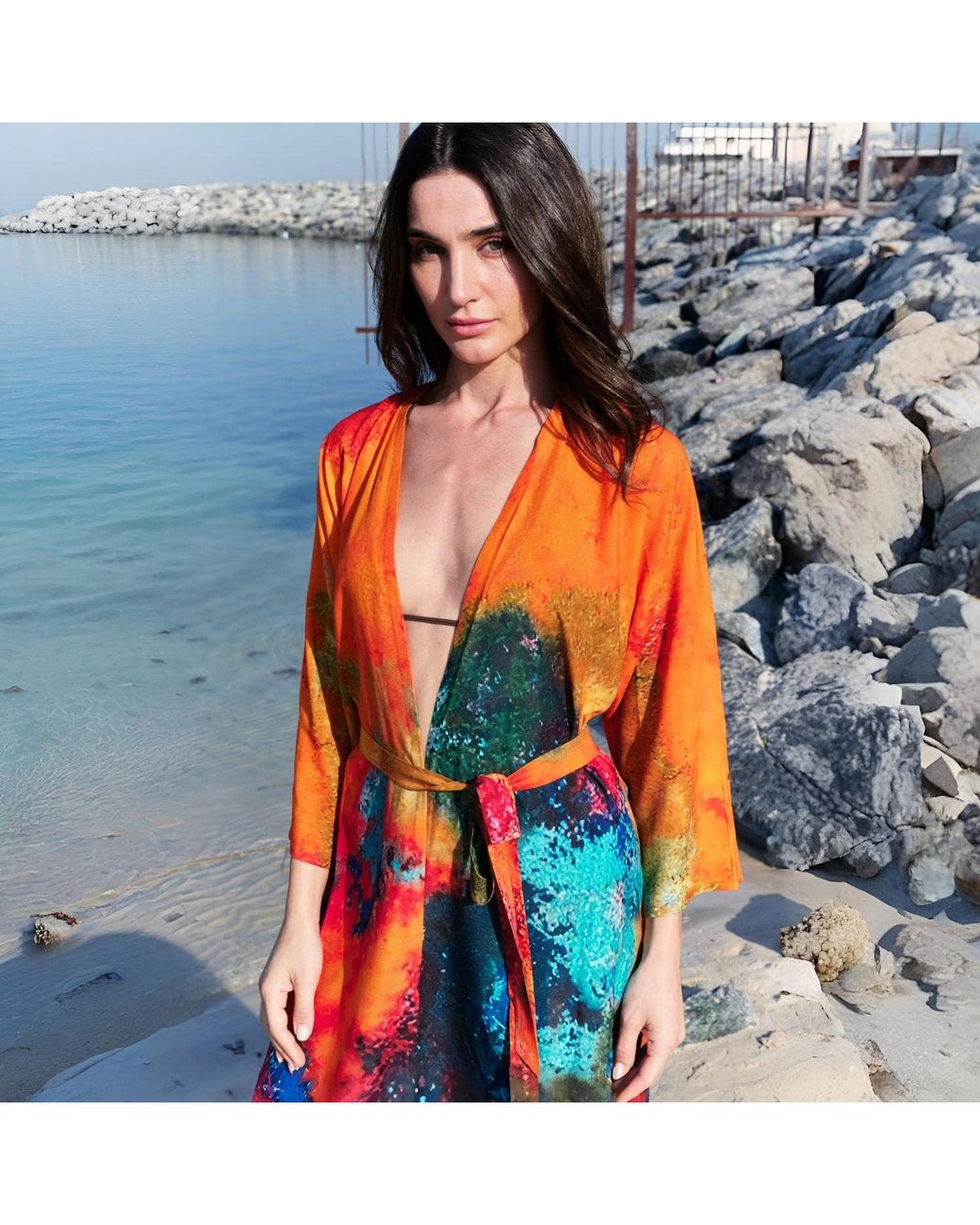 DHARA SHETH DUBAI Orange Canvas & Chaos Abstract Long Kimono