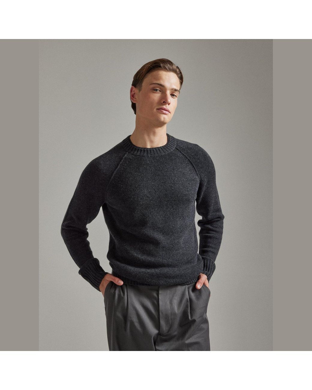 Salts Cashmere Gray Double Neck Trim Crew Neck Sweater