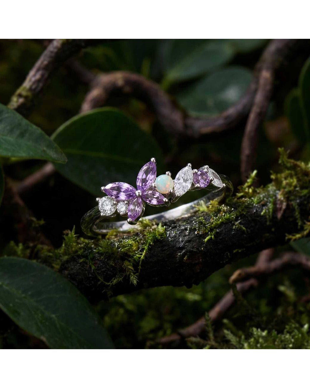 Azura Jewelry New York White Monarch Butterfly Amethyst Opal Ring Solid
