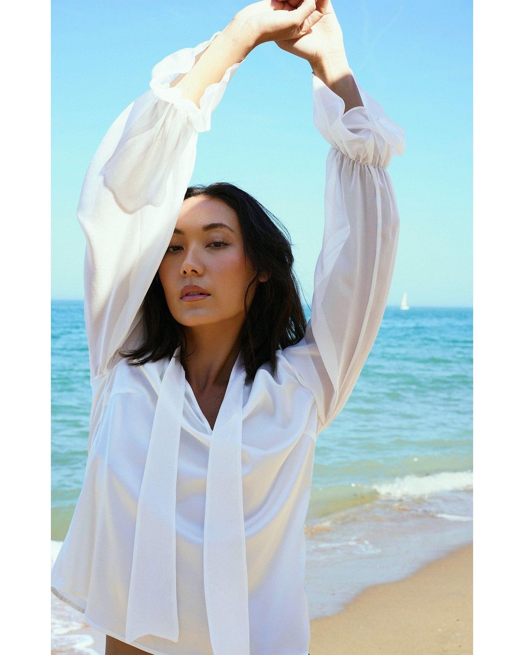 Gunda Hafner Ltd White Cream Silk Blouse With Sheer Sleeve