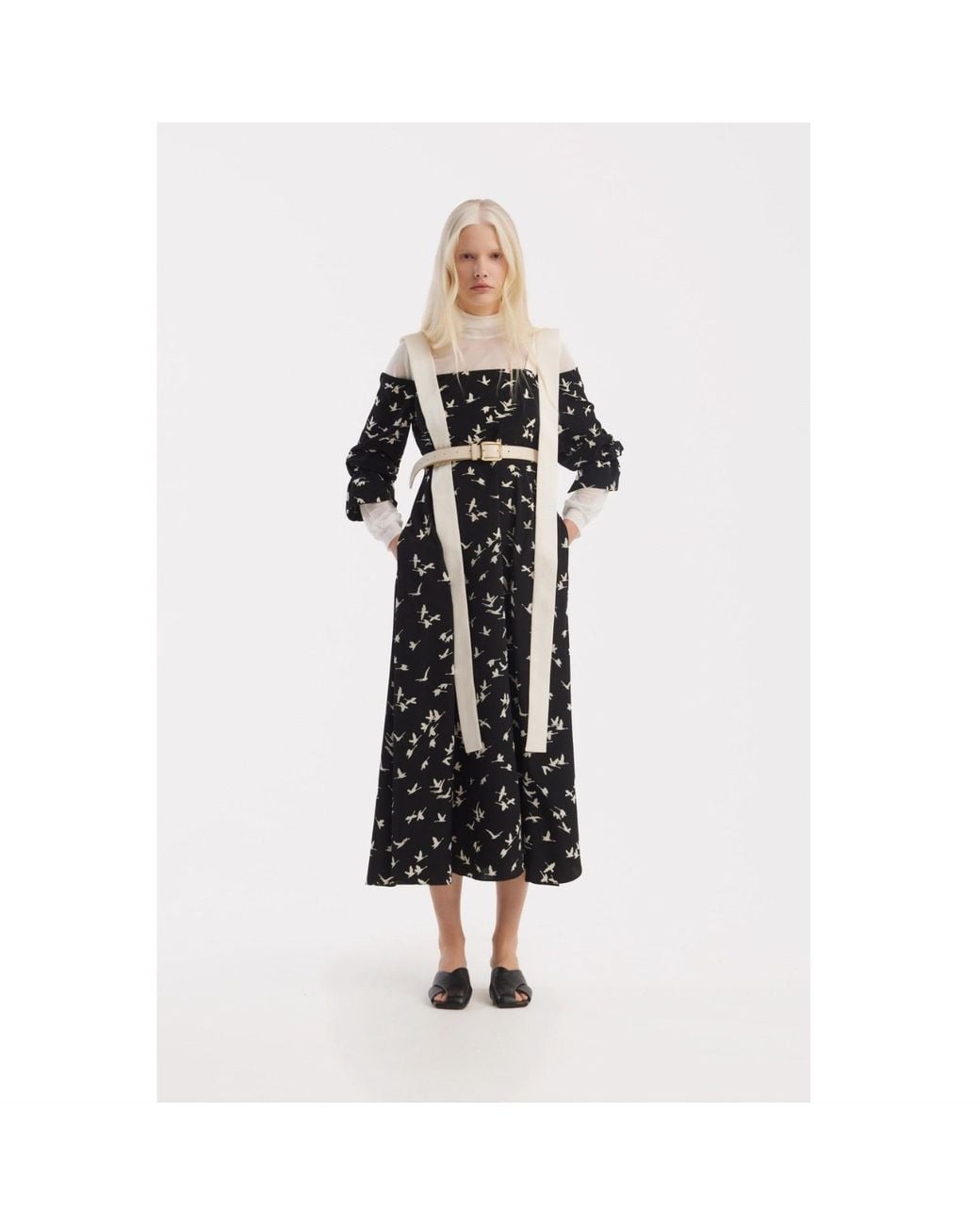 Julia Allert Black Off-Shoulder Midi Dress With Contrast Straps – Print