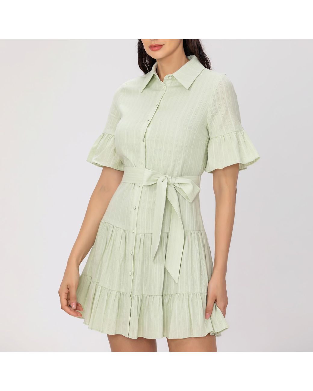 Smart and Joy Green Fit-And-Flare Tiered Ruffles Mini Shirt-Dress