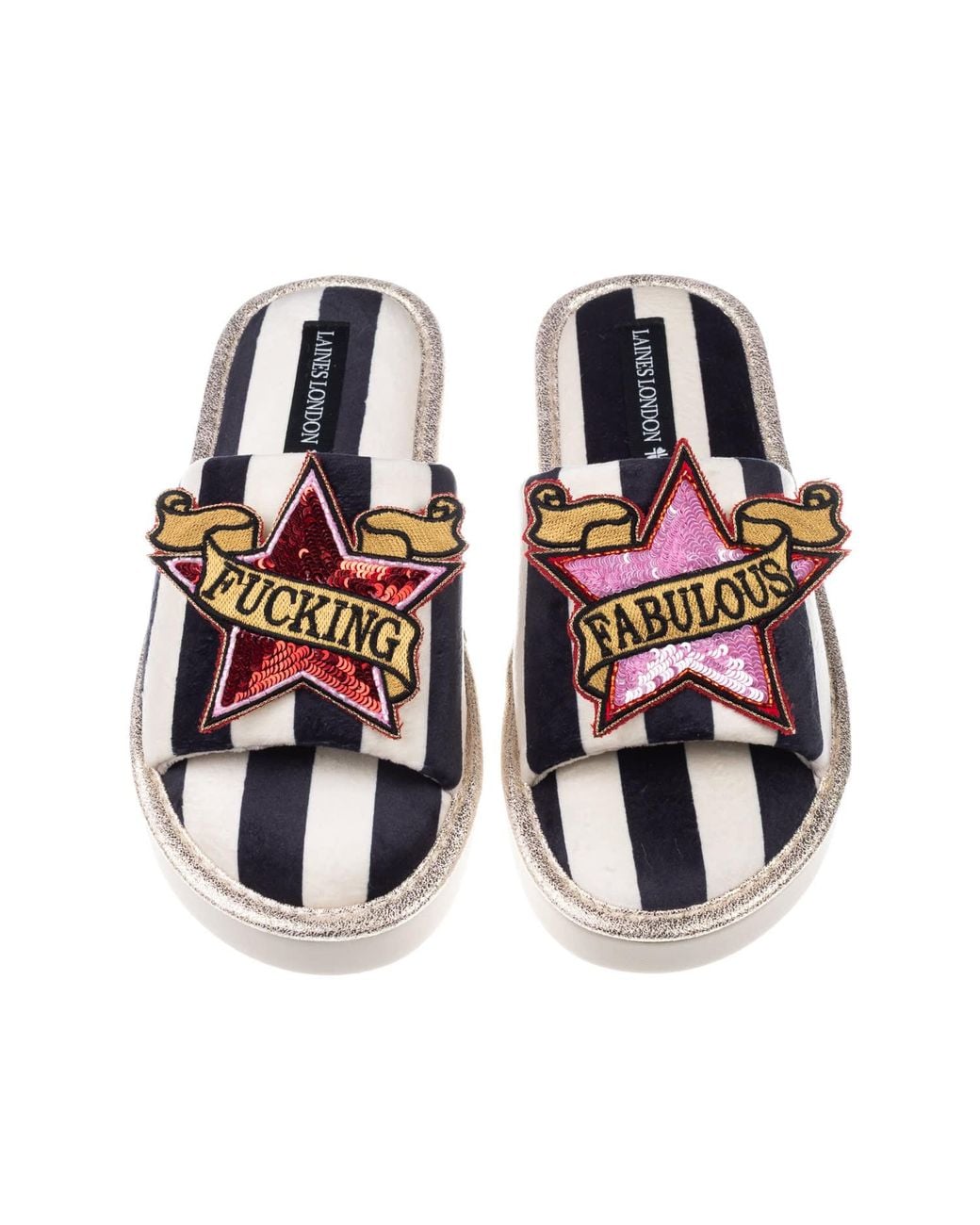 Laines London Multicolor Flatform Stripe Open Toe Slippers With & Fucking Fabulous Brooches