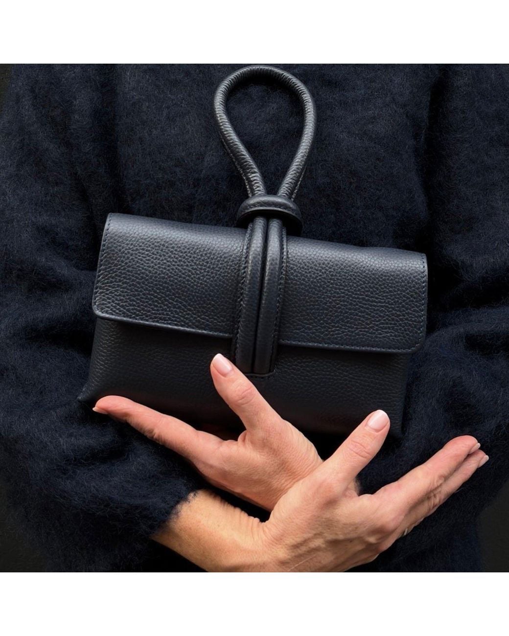 London Atelier Byproduct Blue Leather Loop Clutch Bag
