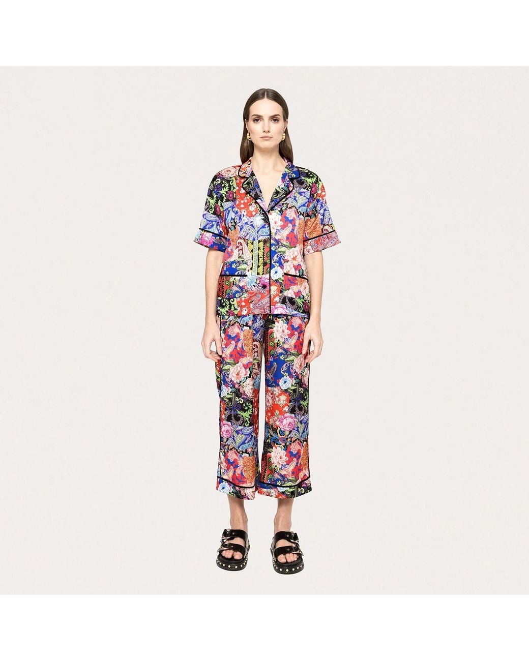 Nissa Multicolor Floral-Print Satin Shirt