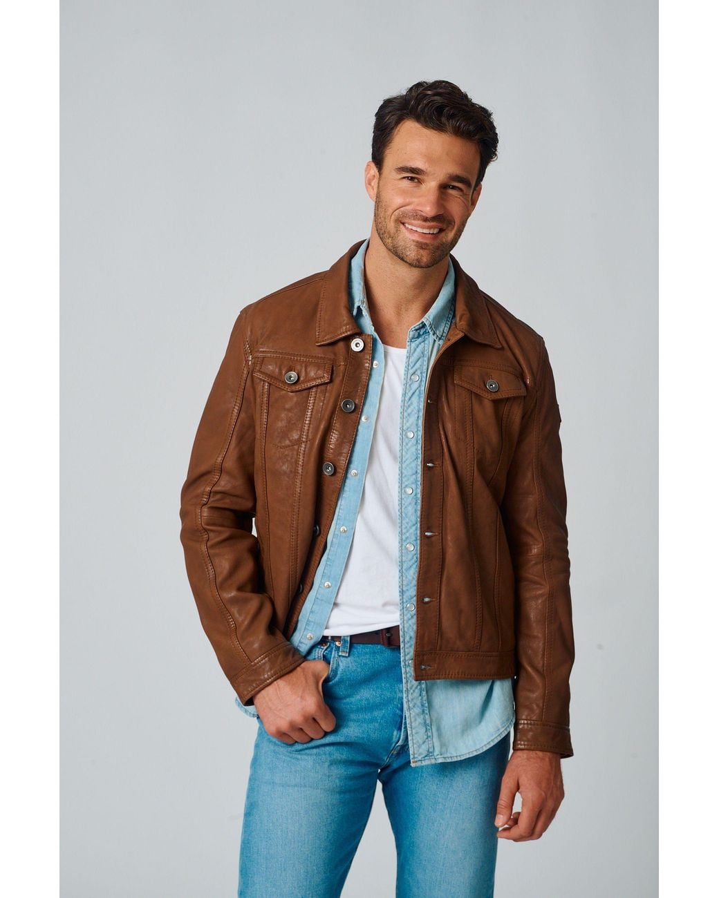 Mauritius Brown Leather Trucker Jacket Geoff for men