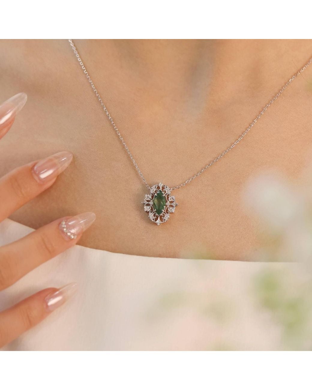 Azura Jewelry New York White Trellis Moss Agate Vermeil Necklace