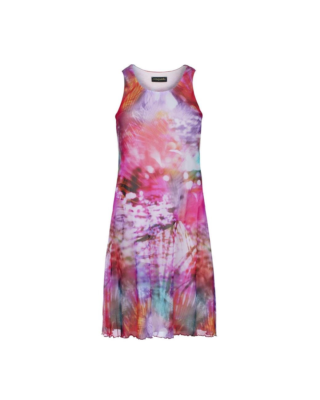 Conquista Purple Sleeveless A-Line Dress – Abstract Print, Lined Cotton With Sheer Nylon Overlay