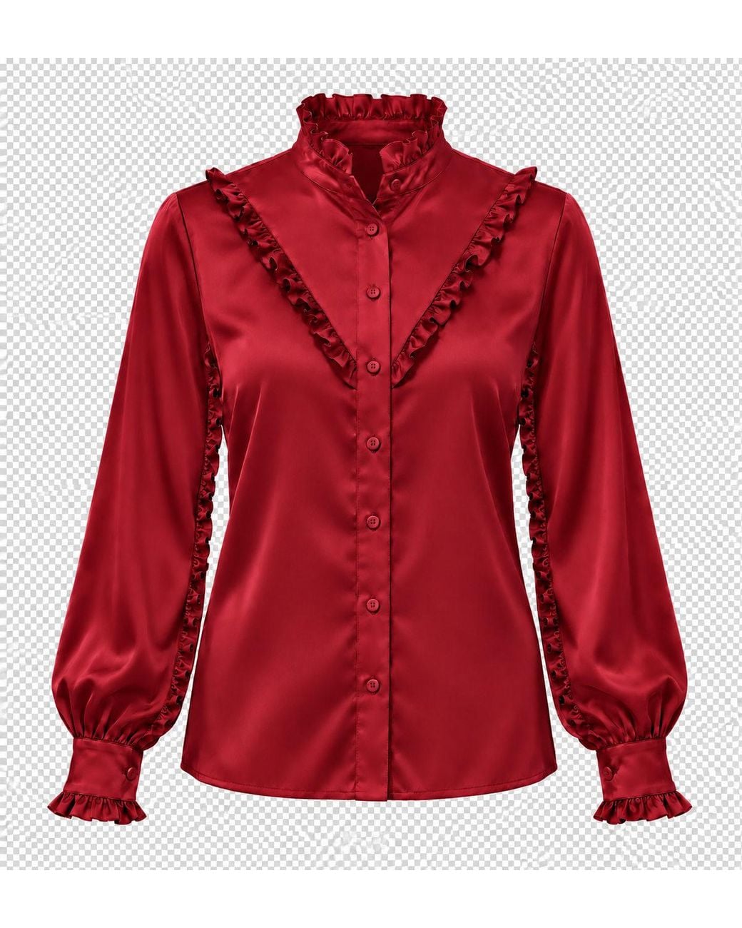 Carloslines Red Ruffle Stand Collar Long Sleeve Shirt